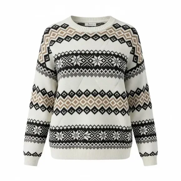 Hollister Women’s S Small Oversized Crewneck Sweater Fair Isle Cream Black Tan - Picture 2 of 14